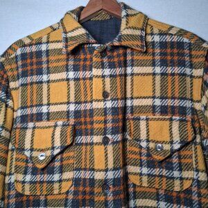 Vintage Wool Shirt Jacket Men M/L Yellow Gray Orange Plaid Grandpa Clueless